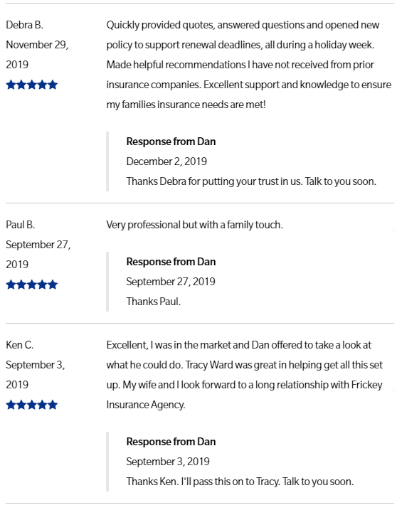 Google Reviews of Frickey INsurance Agency November