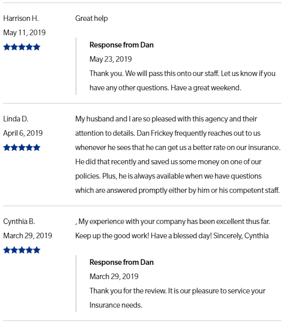 Google Reviews of Frickey Insurance Agency May